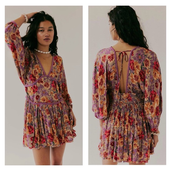 Free People Dresses & Skirts - Free People Sweet Dreams Taupe Combo Printed Rayon Crinkle Mini Raw Hem Dress S